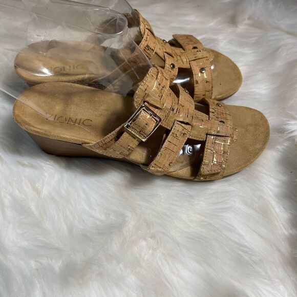 Vionic cork and gold wedge strappy sandals with side buckle & Velcro straps SZ7 - Picture 3 of 10